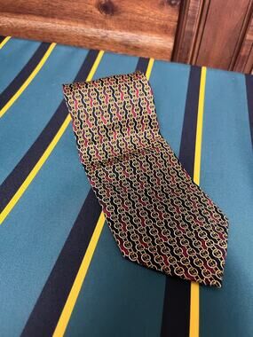 Vintage Paolo Gucci Silk Tie Black Gold Chain Print Designer Italian Style